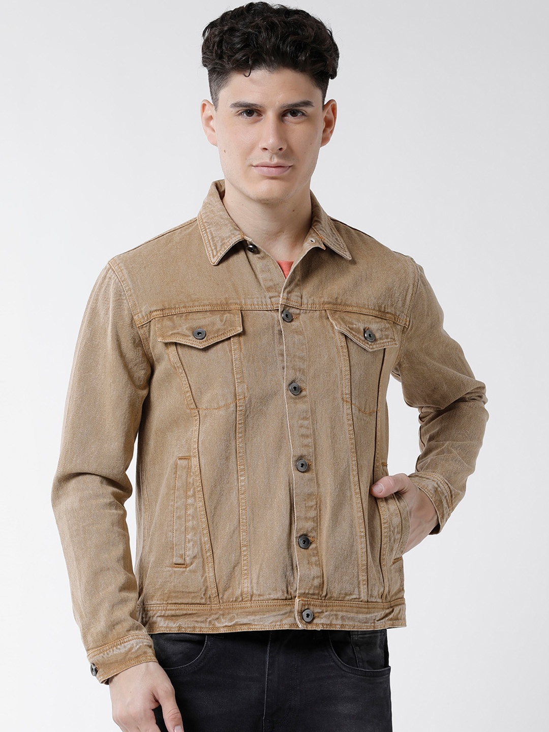 

WROGN Men Long Sleeves Cotton Denim Jacket, Khaki