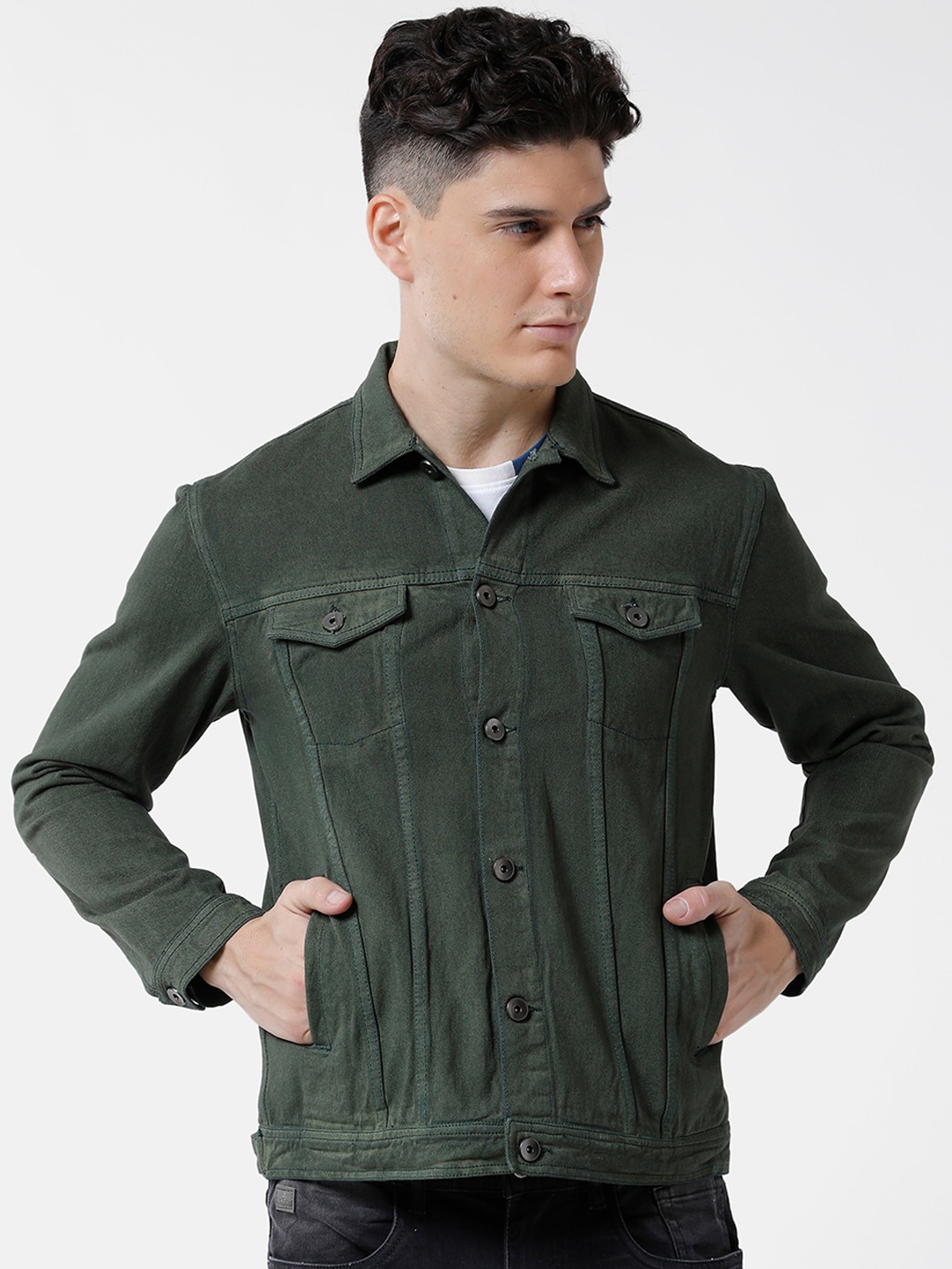 

WROGN Men Long Sleeves Cotton Denim Jacket, Olive