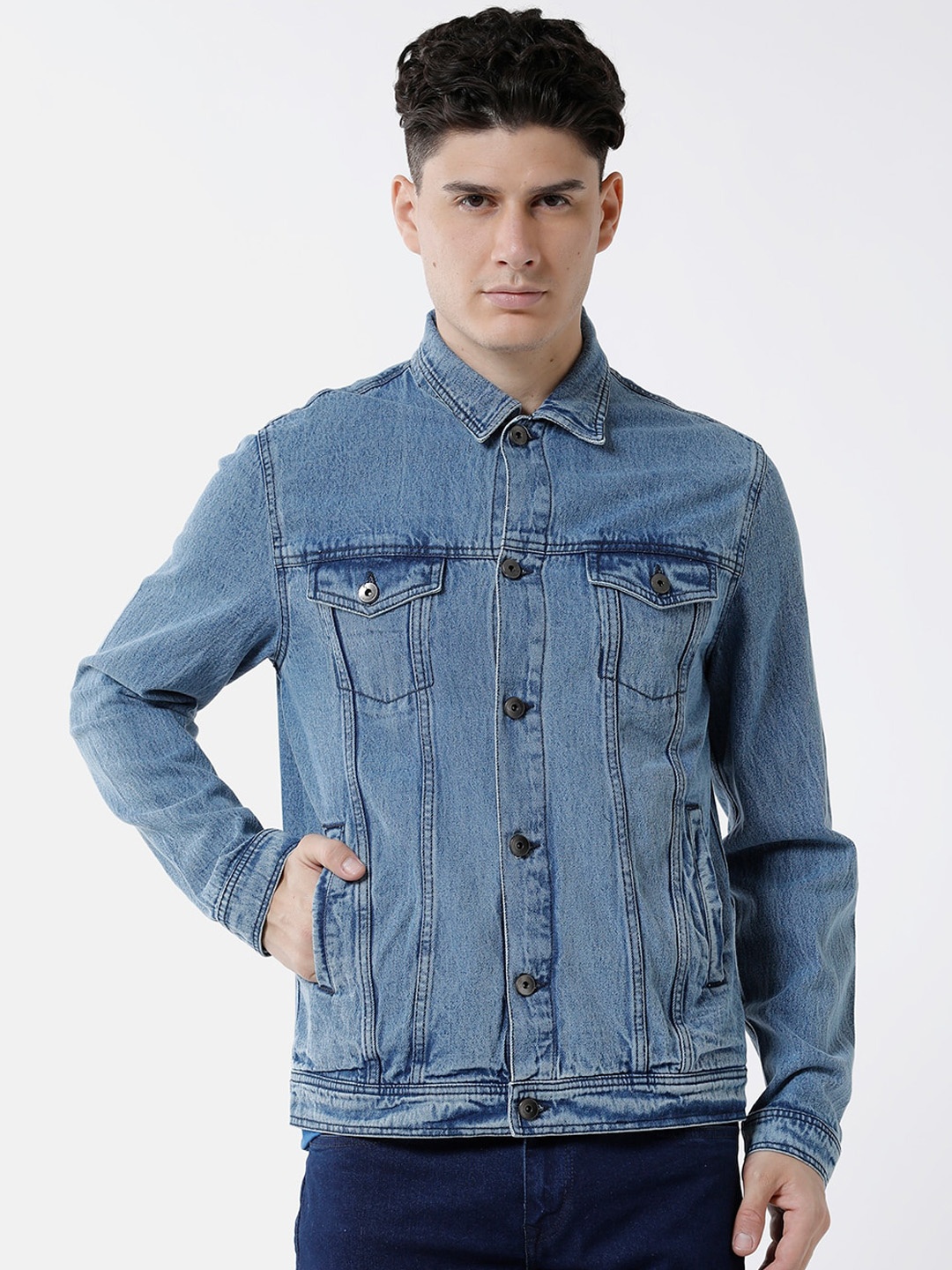 

WROGN Men Washed Denim Jacket, Blue