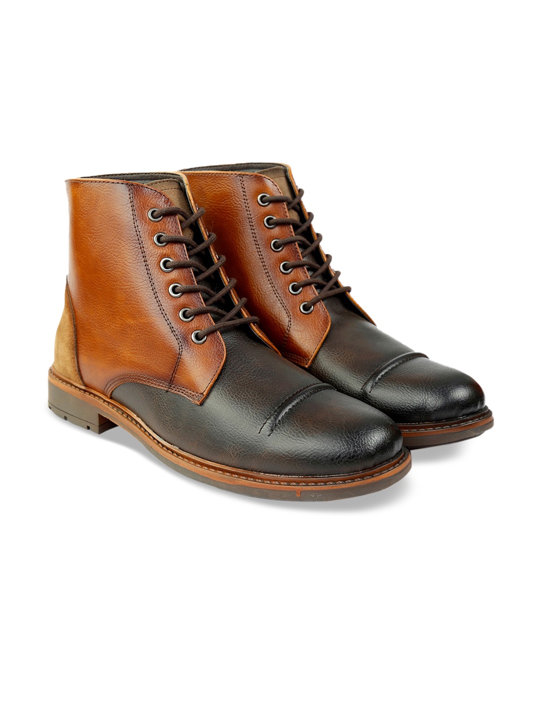 

SHENCES Men Colourblocked Mid-Top Leather Regular Boots, Brown