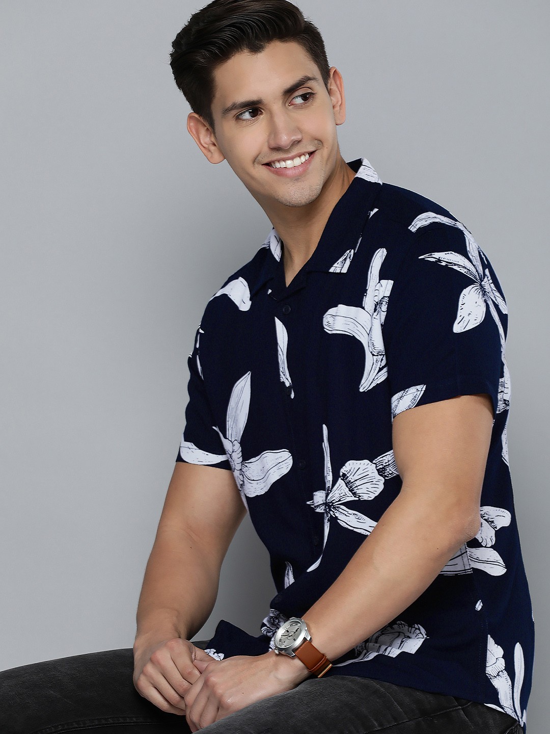 

HERE&NOW Men Navy Blue Slim Fit Printed Casual Shirt
