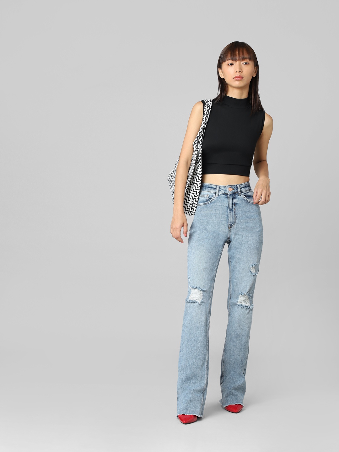 

ONLY Women Flared High-Rise Mildly Distressed Heavy Fade Stretchable Cotton Jeans, Blue