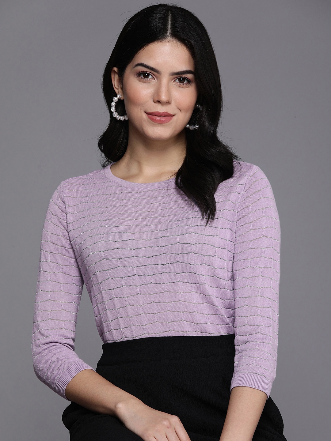 

Allen Solly Woman Self Design Striped Round-Neck Top, Lavender