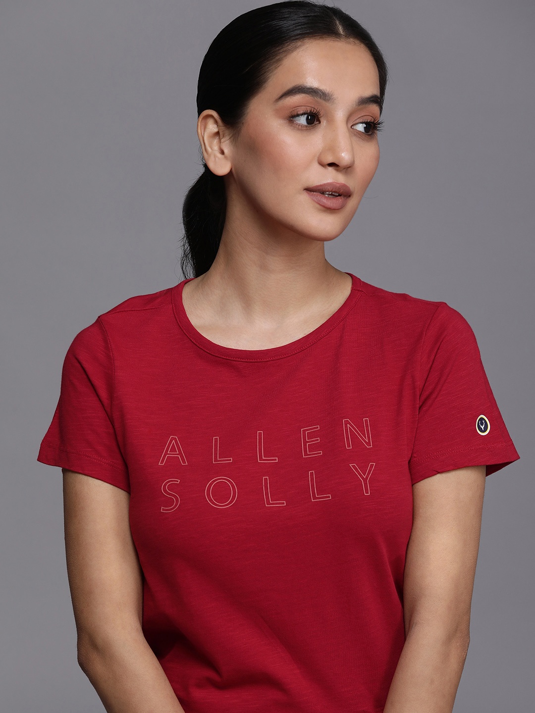 

Allen Solly Woman Brand Logo Pure Cotton Applique T-shirt, Maroon
