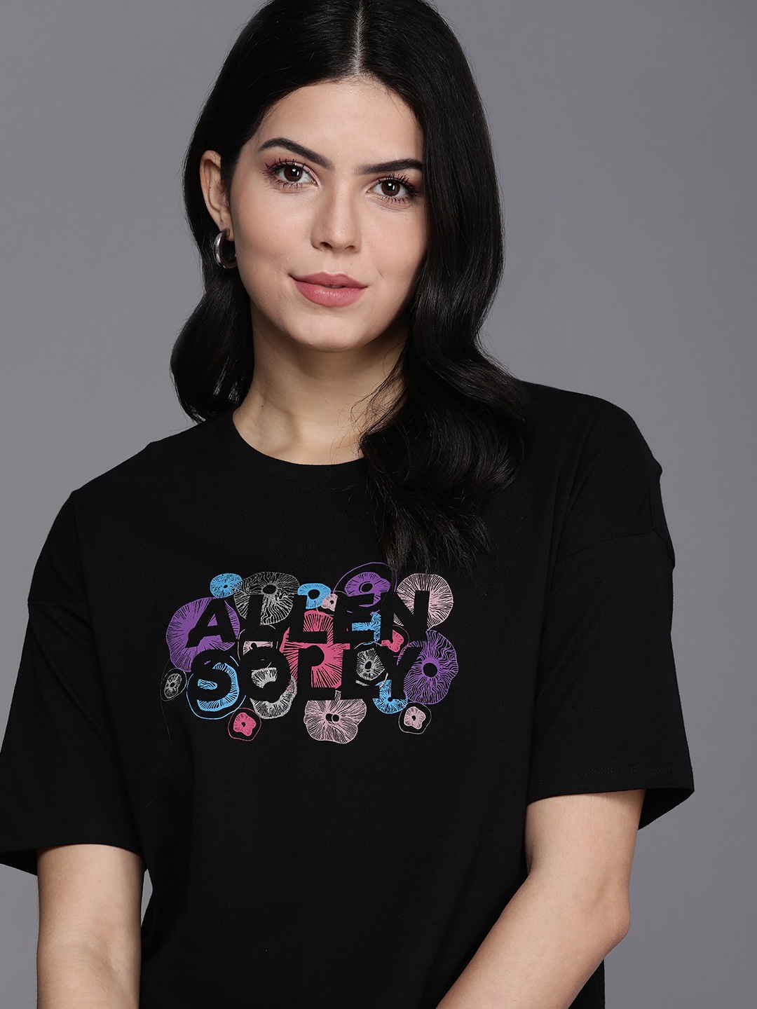 

Allen Solly Woman Graphic Printed Drop-Shoulder Sleeves Pure Cotton T-shirt, Black