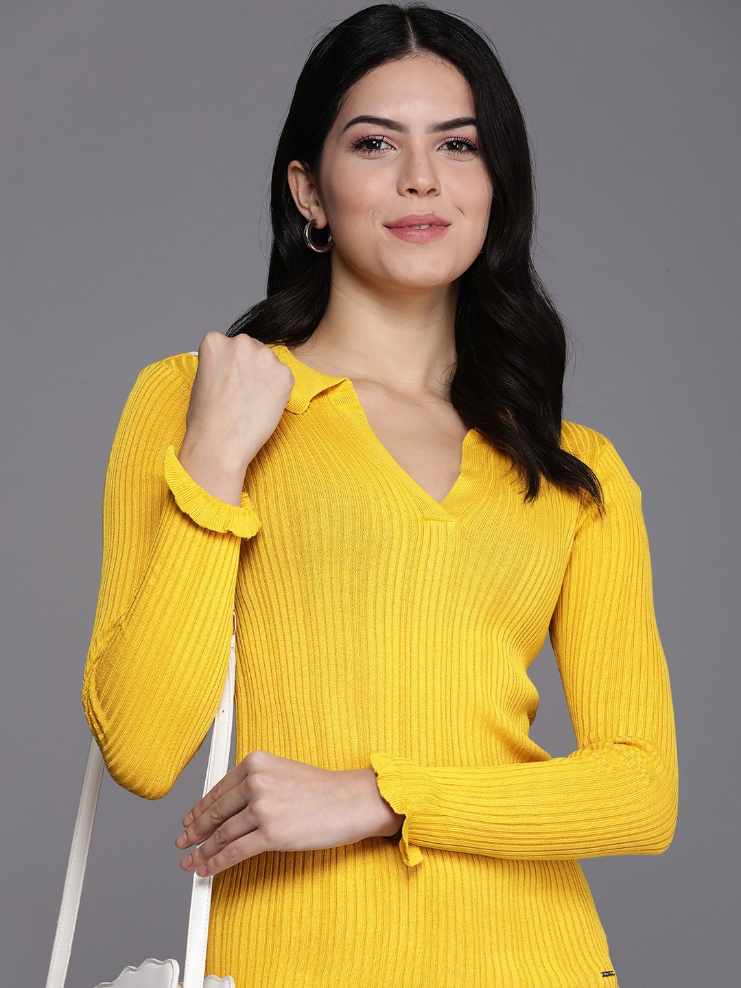 

Allen Solly Woman Self-Striped Top, Yellow