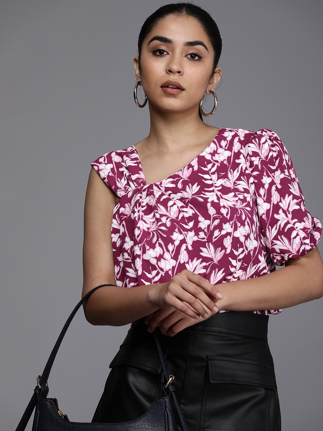 

Allen Solly Woman Floral Print One Shoulder Puff Sleeve Top, Magenta