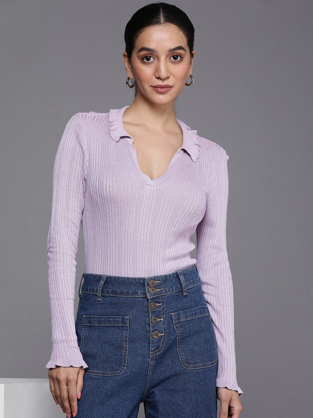 

Allen Solly Woman Self Design V-Neck Regular Top, Lavender