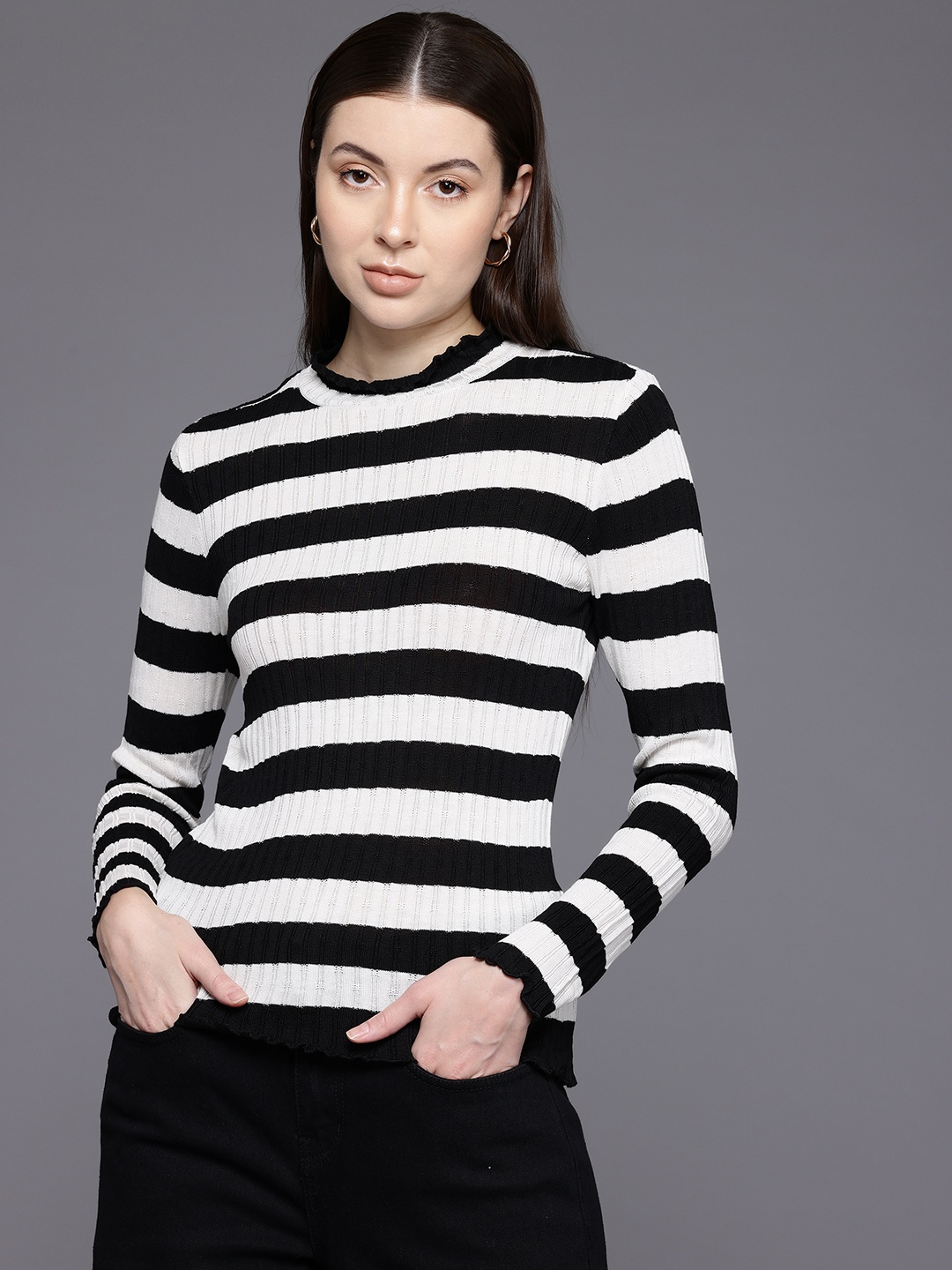 

Allen Solly Woman Knitted Striped Regular Top, Black