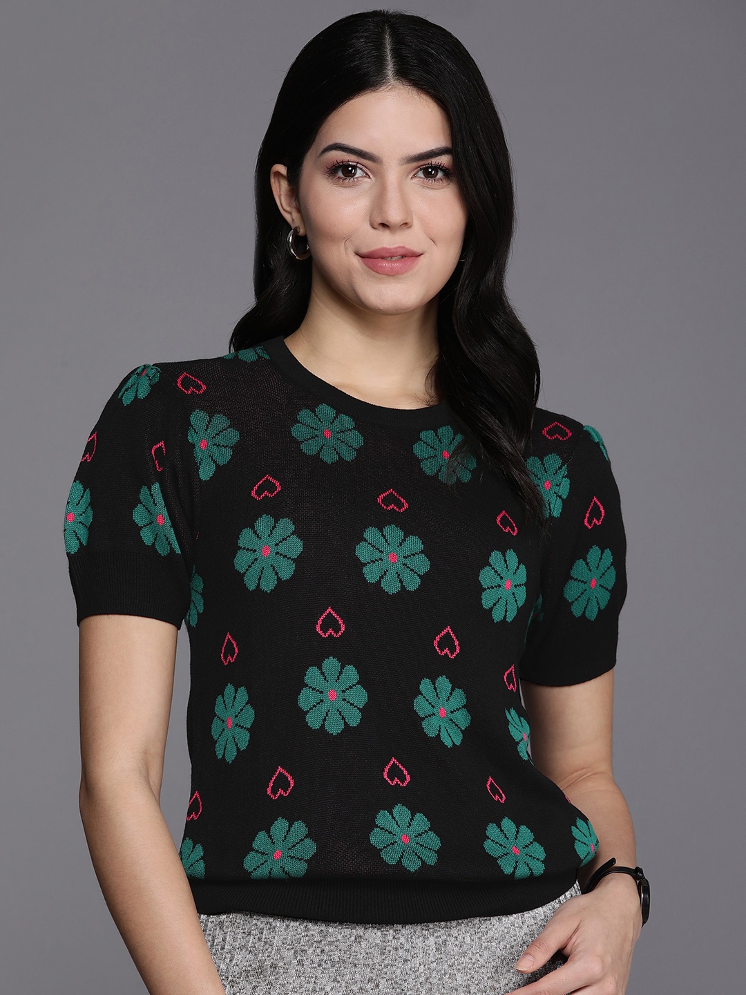 

Allen Solly Woman Floral Print Puff Sleeve Top, Black