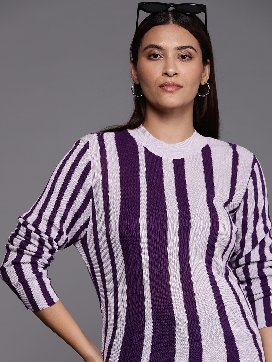 

Allen Solly Woman Striped Knitted Top, Purple