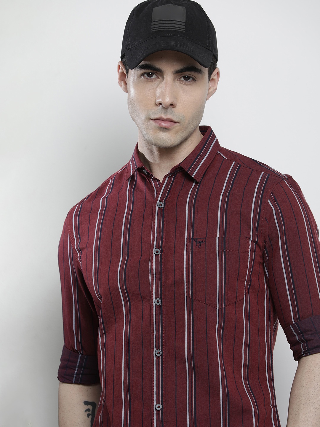 

The Indian Garage Co Men Striped Casual Shirt, Maroon