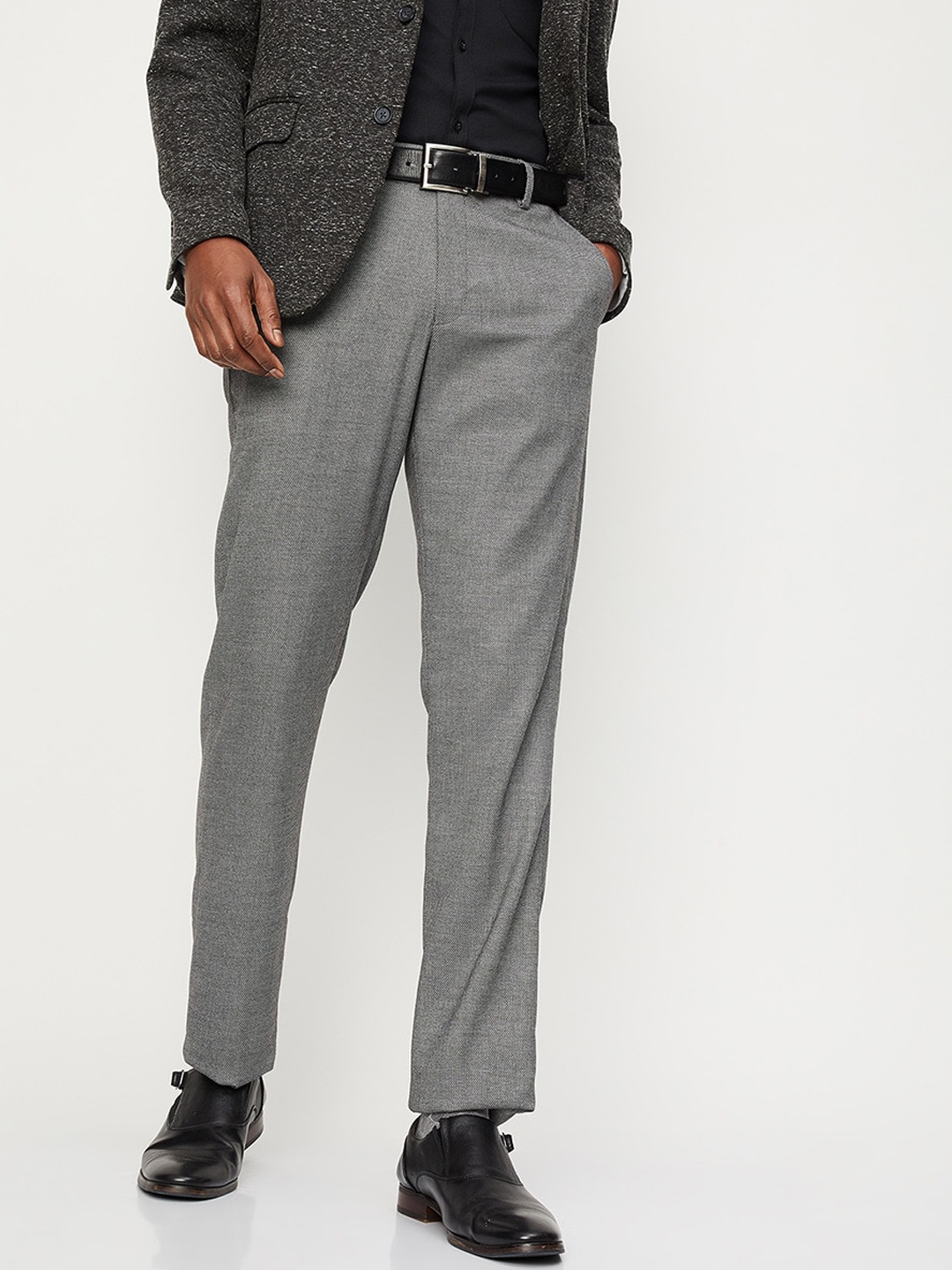 

max Men Mid-Rise Cotton Formal Trousers, Charcoal