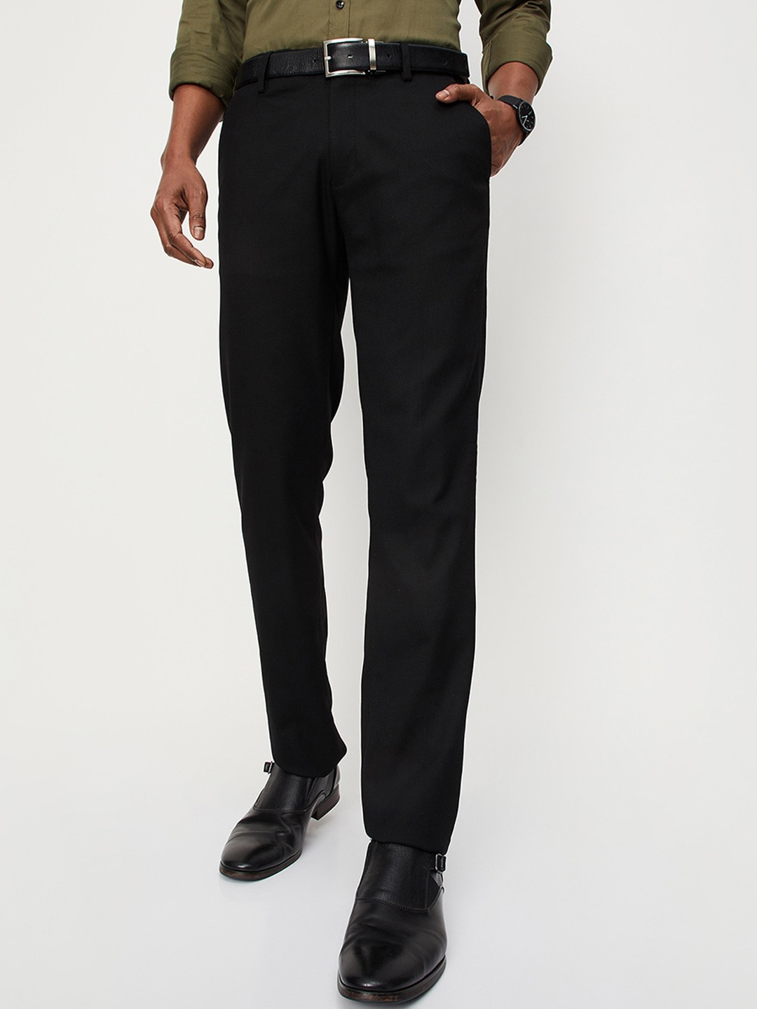 

max Men Regular Fit Mid-Rise Cotton Lycra Formal Trouser, Black