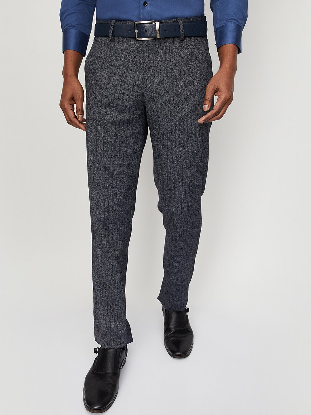 

max Men Striped Mid-Rise Cotton Lycra Formal Trouser, Blue