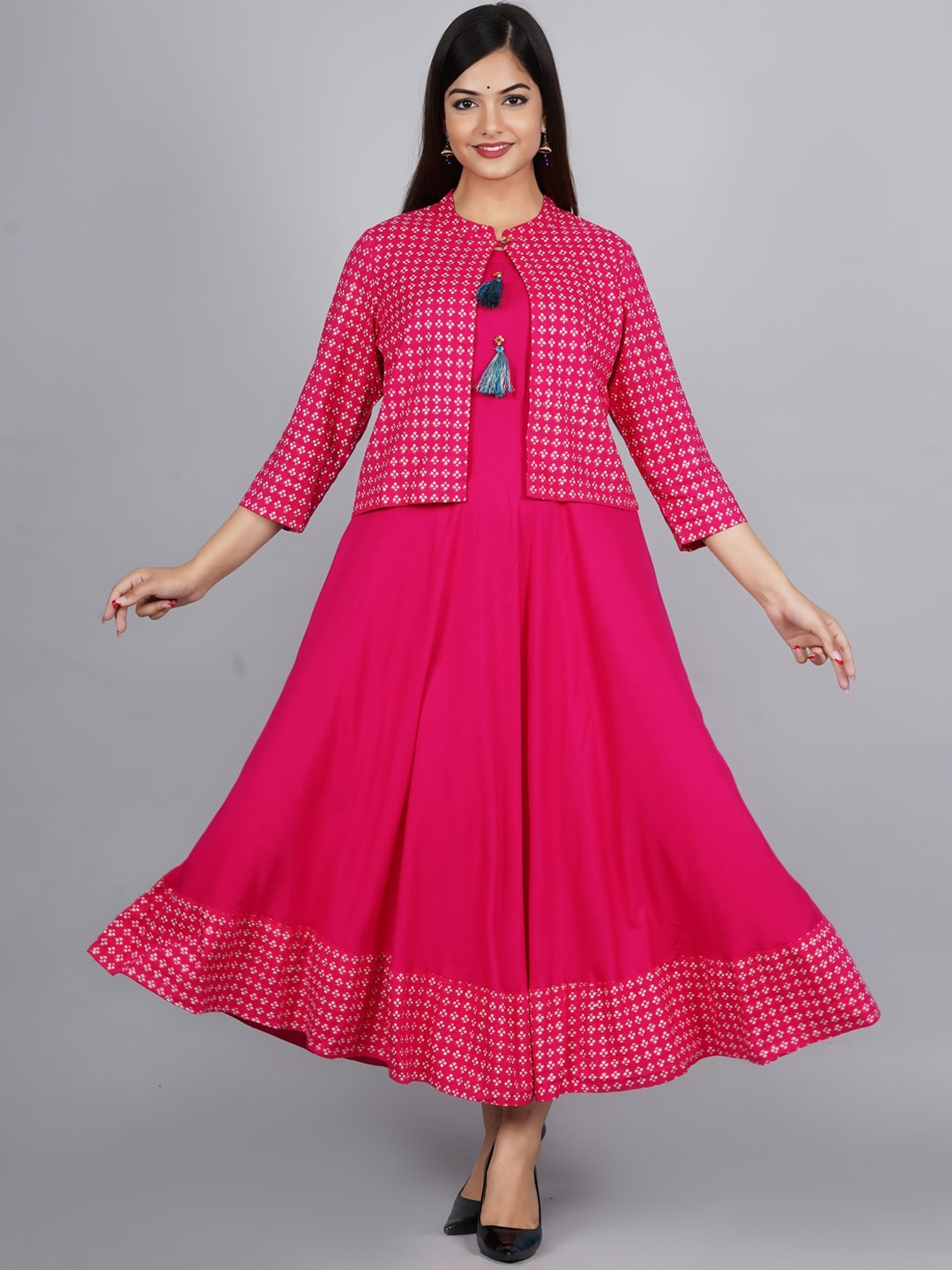 

KALINI Women Round Neck Anarkali Kurta with Jacket, Pink