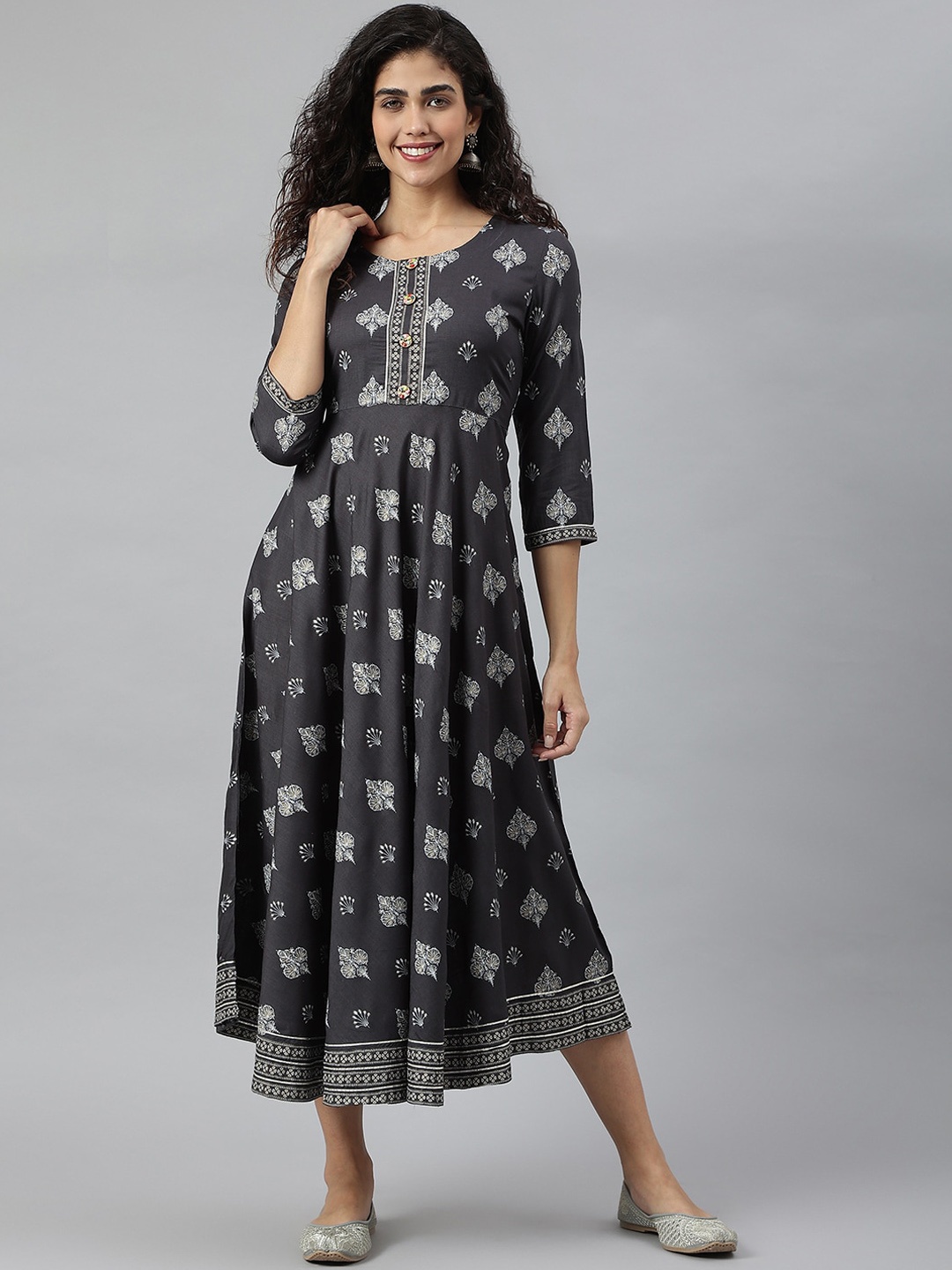 

KALINI Round Neck Ethnic Motifs Printed A-Line Midi Dress, Grey