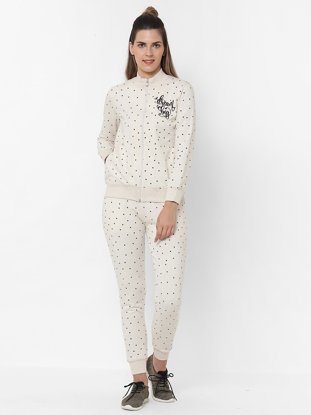 

Sweet Dreams Women Polka Dot Printed Fleece Tracksuits, Off white