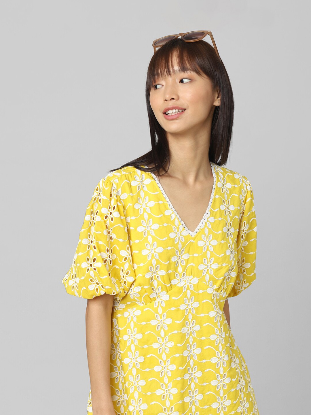 

ONLY Floral Cotton A-Line Mini Dress, Yellow