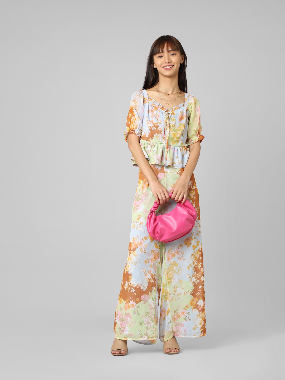 

ONLY Women Floral Printed Straight Fit Pleated Trousers, Green