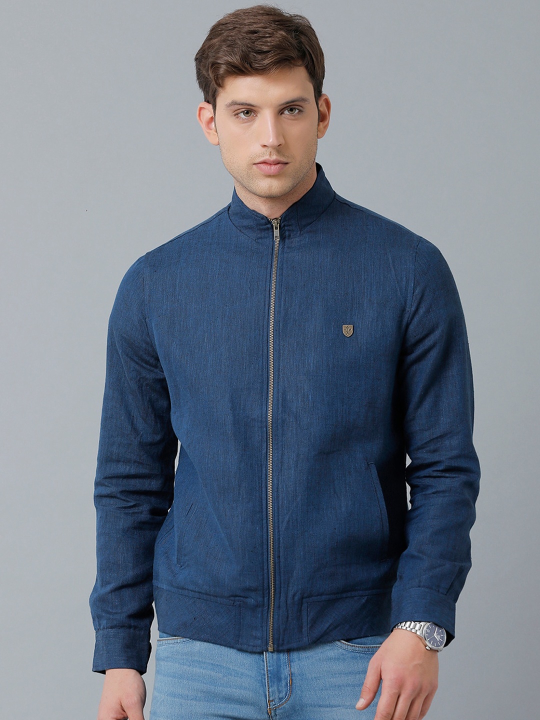 

Linen Club Men Linen Mock Collar Sustainable Bomber Jacket, Blue