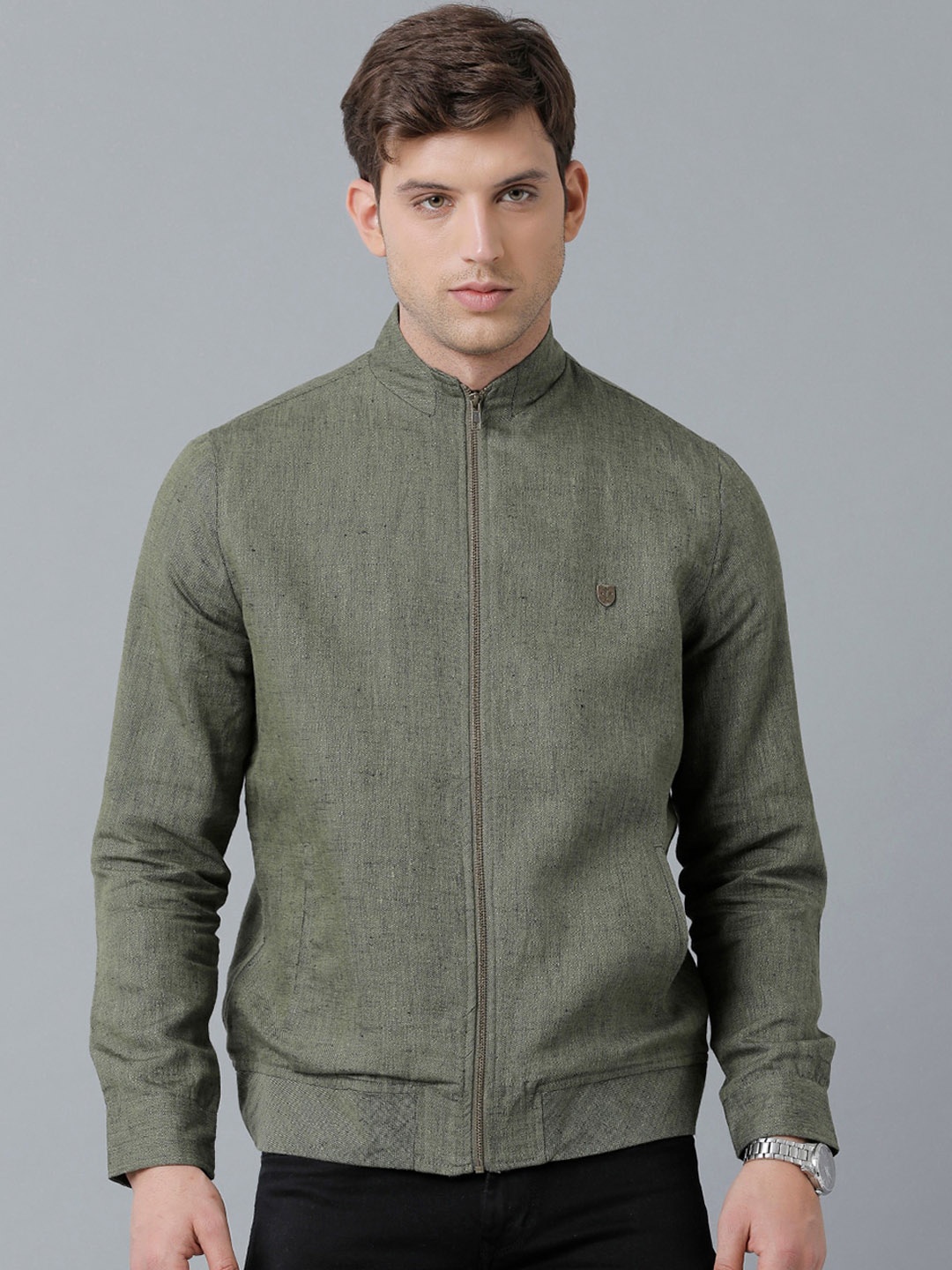 

Linen Club Men Linen Mock Collar Sustainable Bomber Jacket, Green