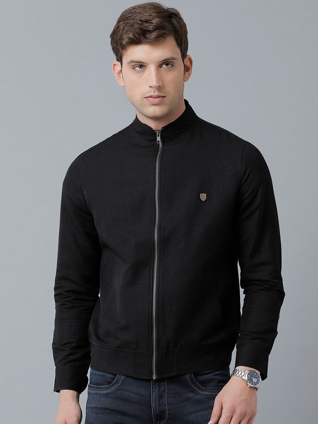 

Linen Club Men Full Sleeves Pure Cotton Sustainable Bomber Jacket, Black
