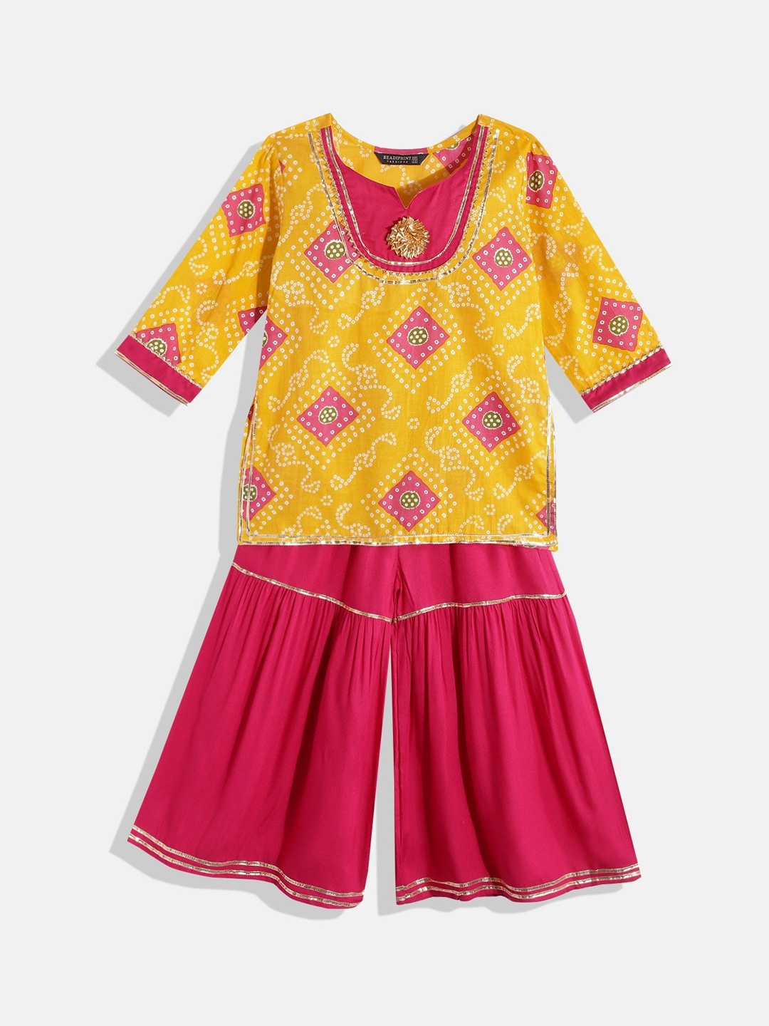 

Readiprint Fashions Girls Bandhani Printed Gotta Patti Pure Cotton Kurta with Sharara, Yellow