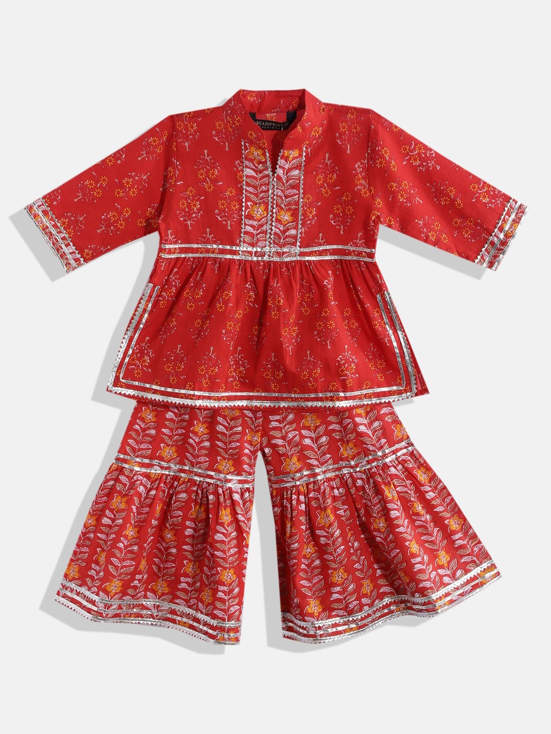 

Readiprint Girls Floral Printed Gotta Patti Pure Cotton Kurta with Sharara, Red
