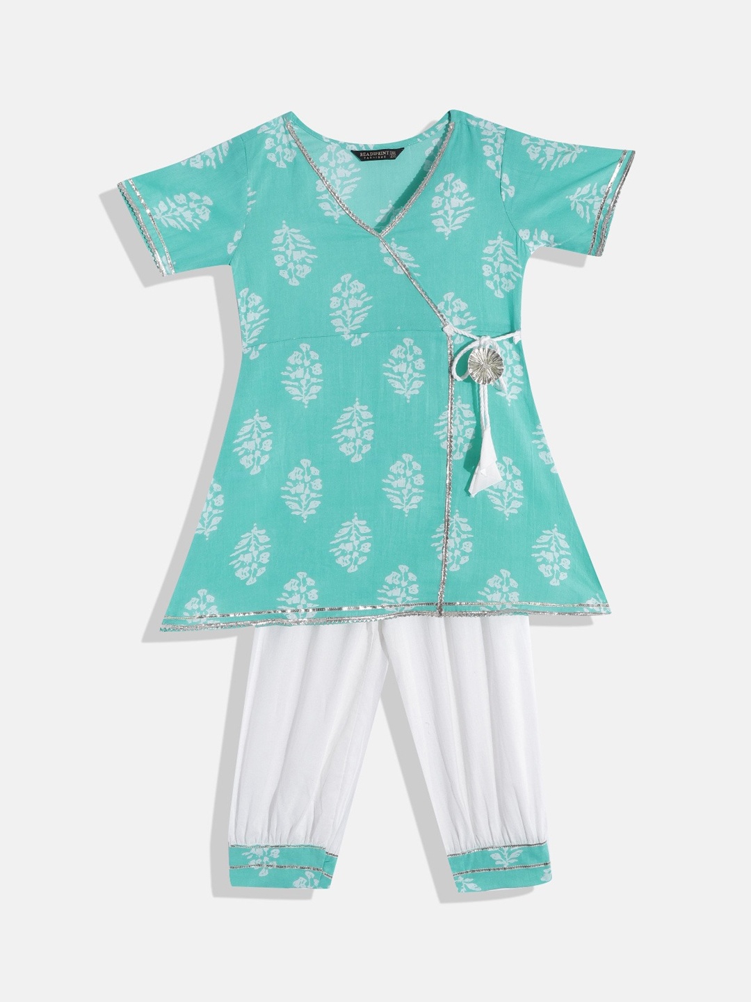 

Readiprint Fashions Girls Floral Printed Angrakha Pure Cotton Kurta with Salwar, Sea green