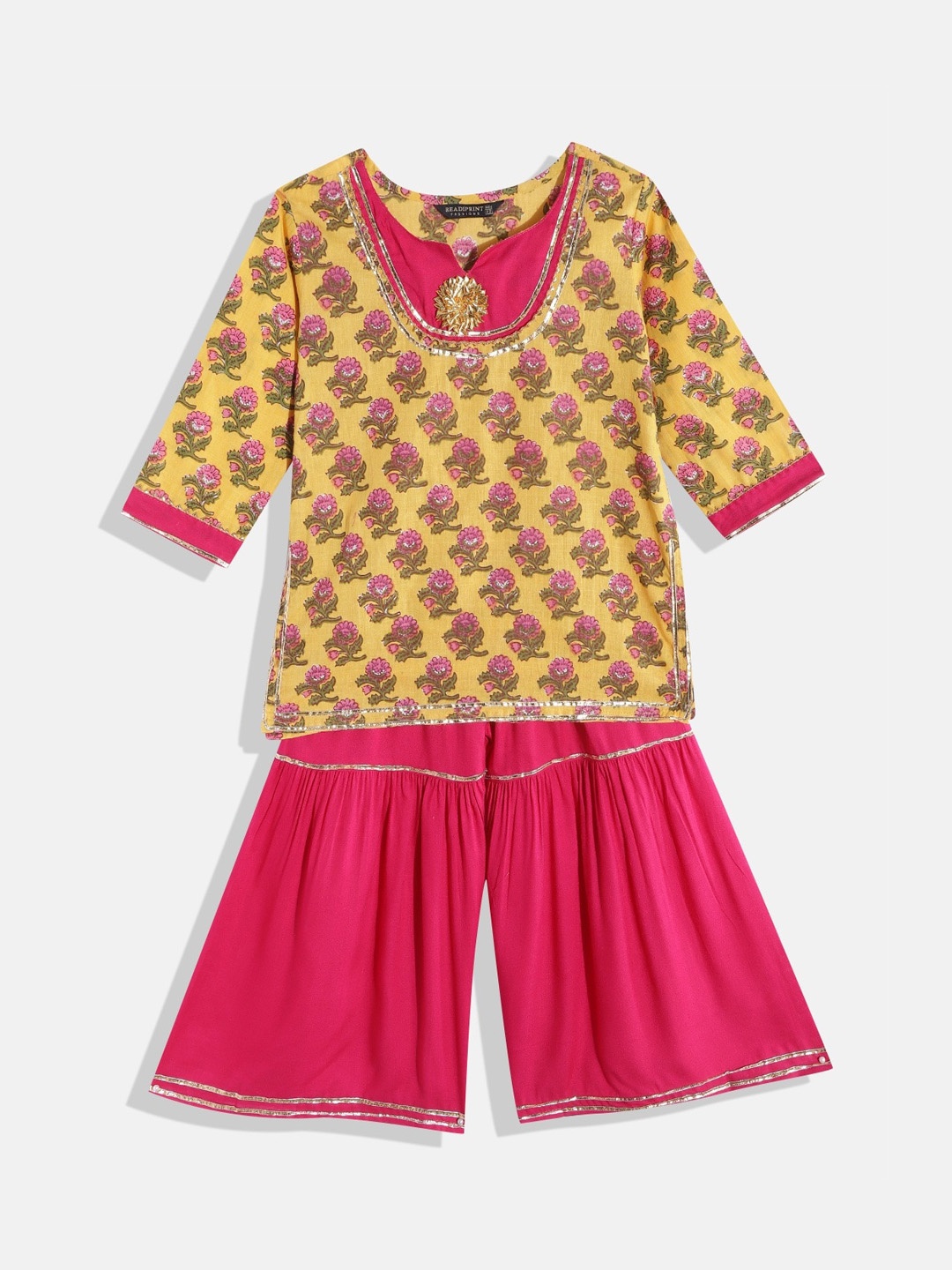

Readiprint Fashions Girls Yellow Floral Printed Gotta Patti Pure Cotton Kurta with Sharara