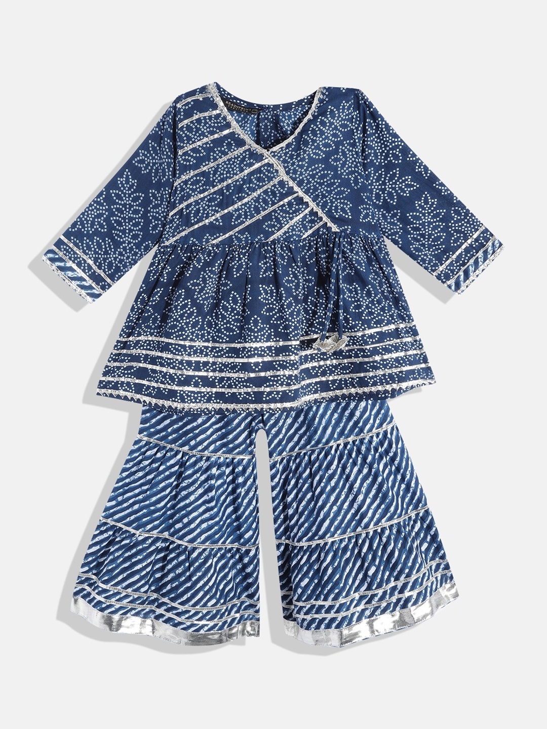 

Readiprint Girls Blue Bandhani Printed Angrakha Gotta Patti Pure Cotton Kurta with Sharara