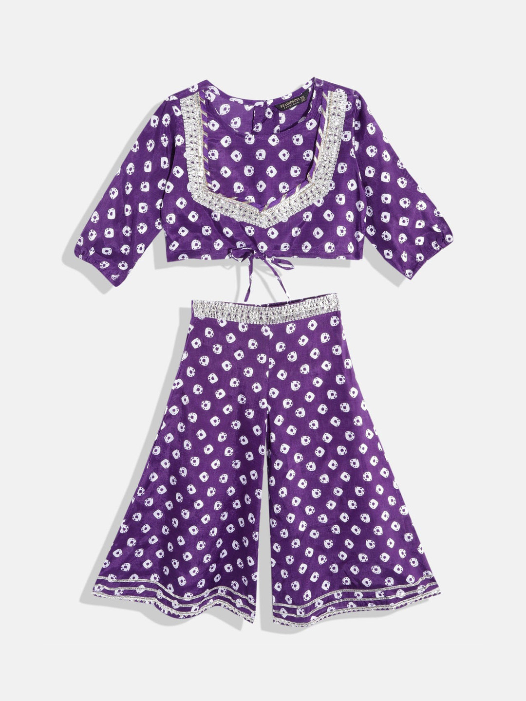 

Readiprint Fashions Girls Bandhani Printed Gotta Patti Top with Palazzos, Purple