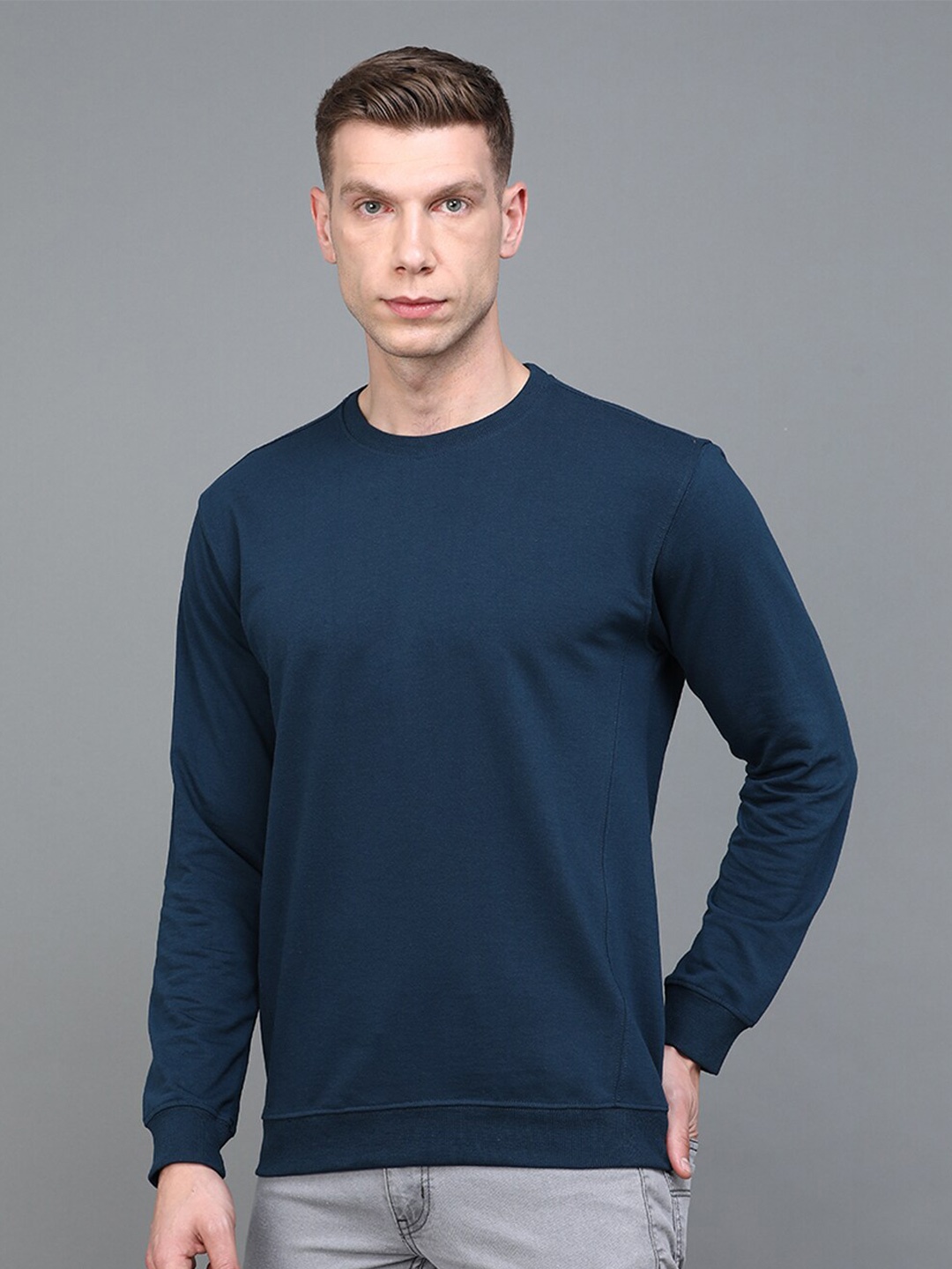 

Urban Dog Men Round Neck Long Sleeves Pure Cotton Pullover Sweatshirt, Navy blue