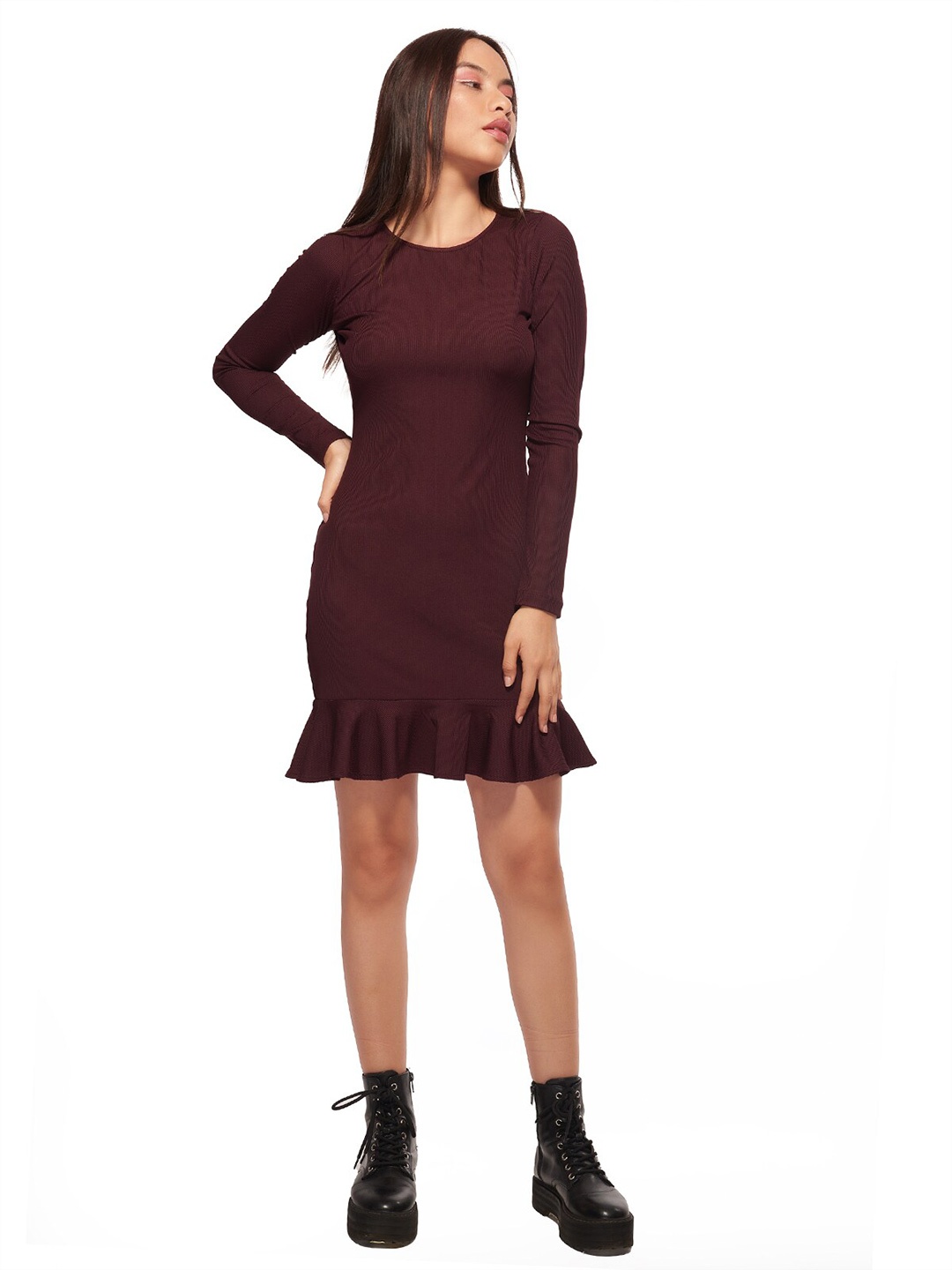 

ODETTE Round Neck Long Sleeves Sheath Dress, Maroon