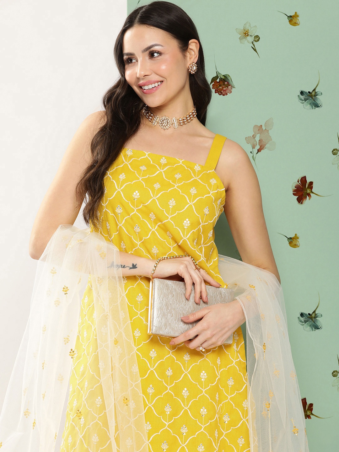 

Bhama Couture Ethnic Motifs Embroidered Sequinned Kurta With Sharara & Dupatta, Yellow