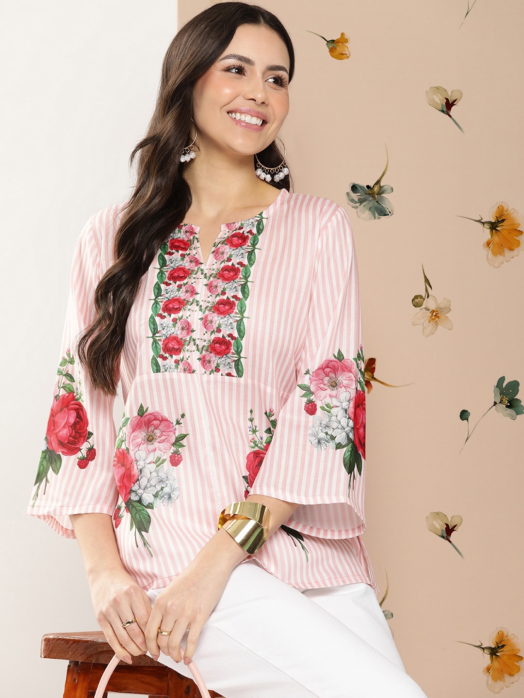 

Bhama Couture Floral Print Flared Sleeves Longline Top, Peach