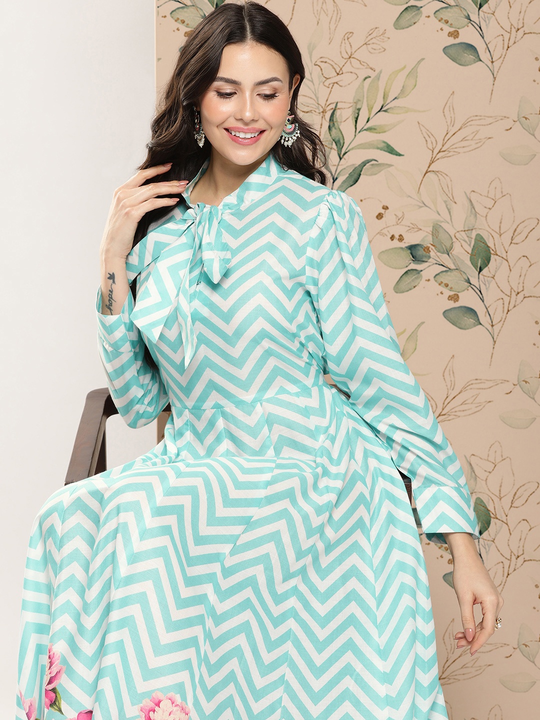 

Bhama Couture Chevron Print Puff Sleeves Tie-Up Neck Maxi Dress, Turquoise blue
