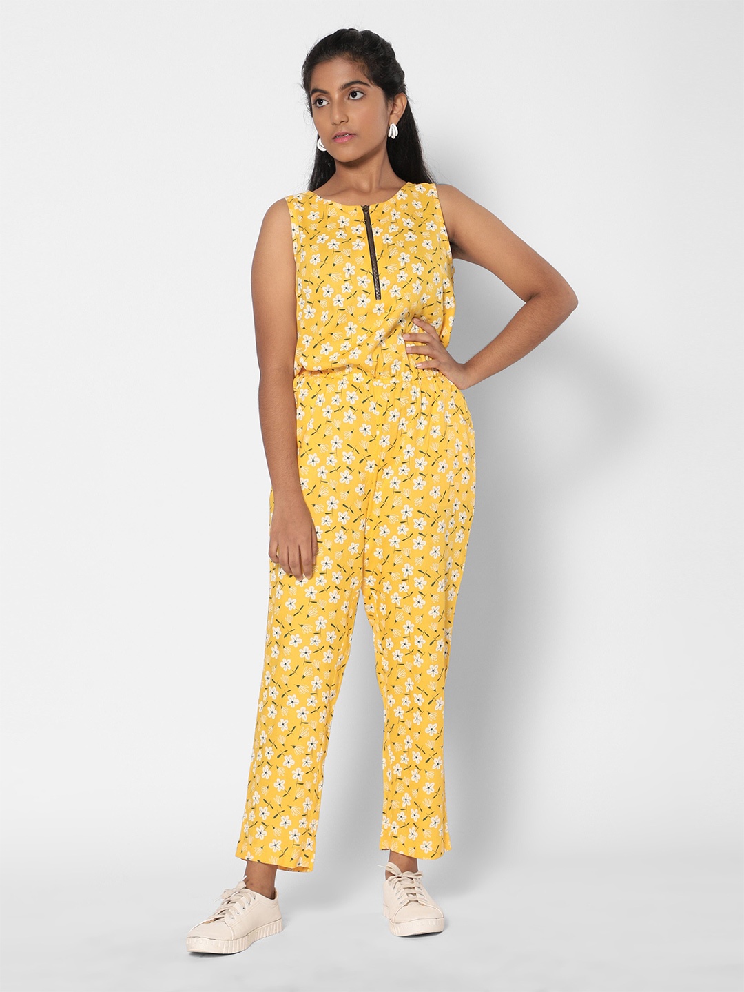 

TeenTrums Girls Floral Printed Basic Jumpsuit, Mustard