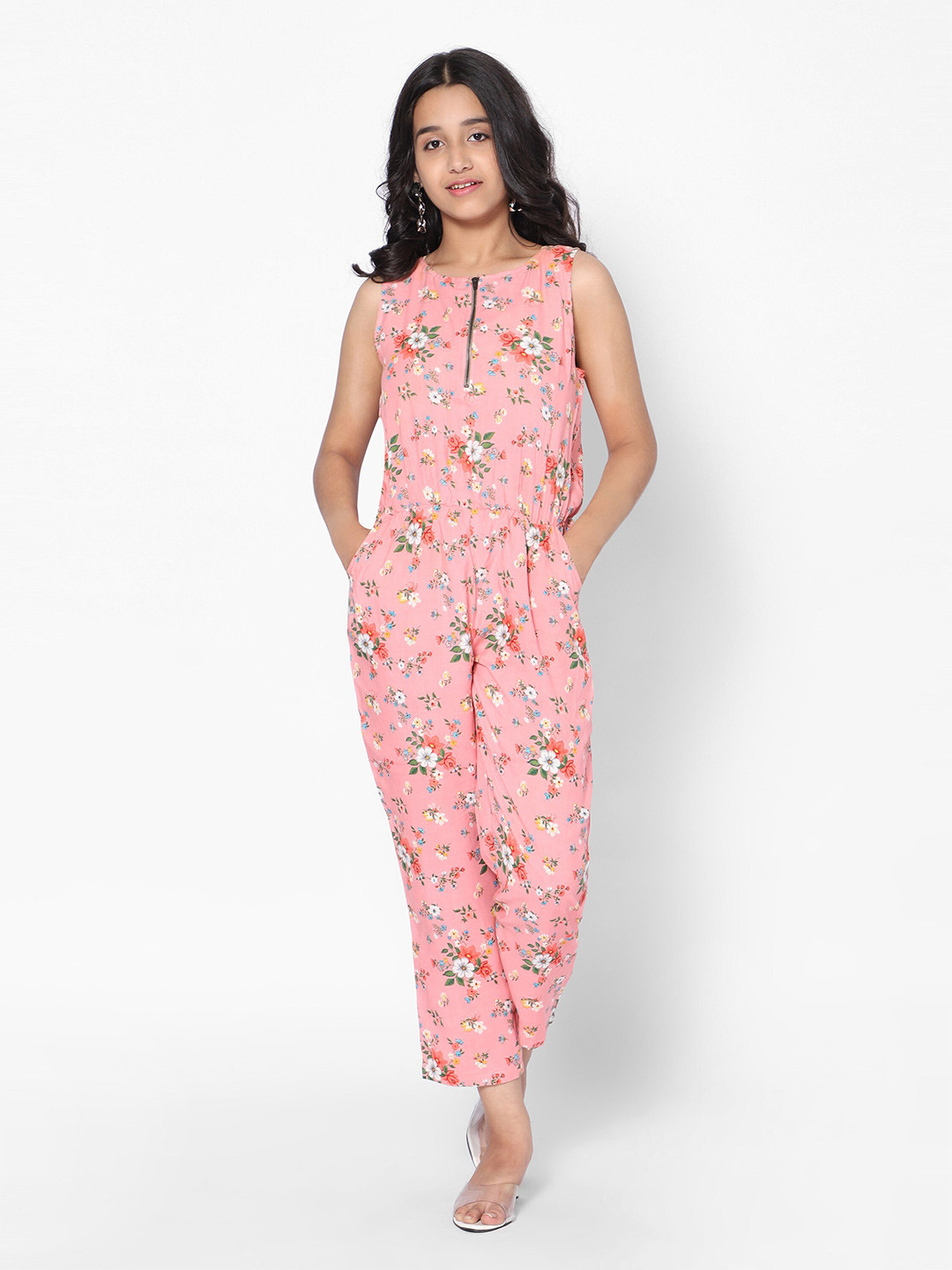 

TeenTrums Girls Peach-Coloured & Green Printed Basic Jumpsuit