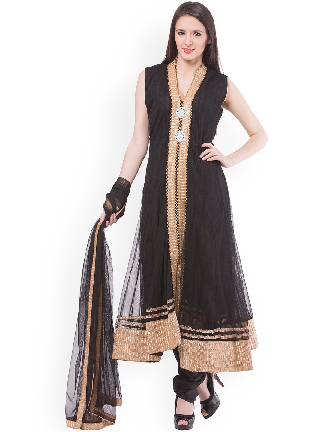 

Fasense Women Black Beads & Stones Kurta with Churidar & With Dupatta