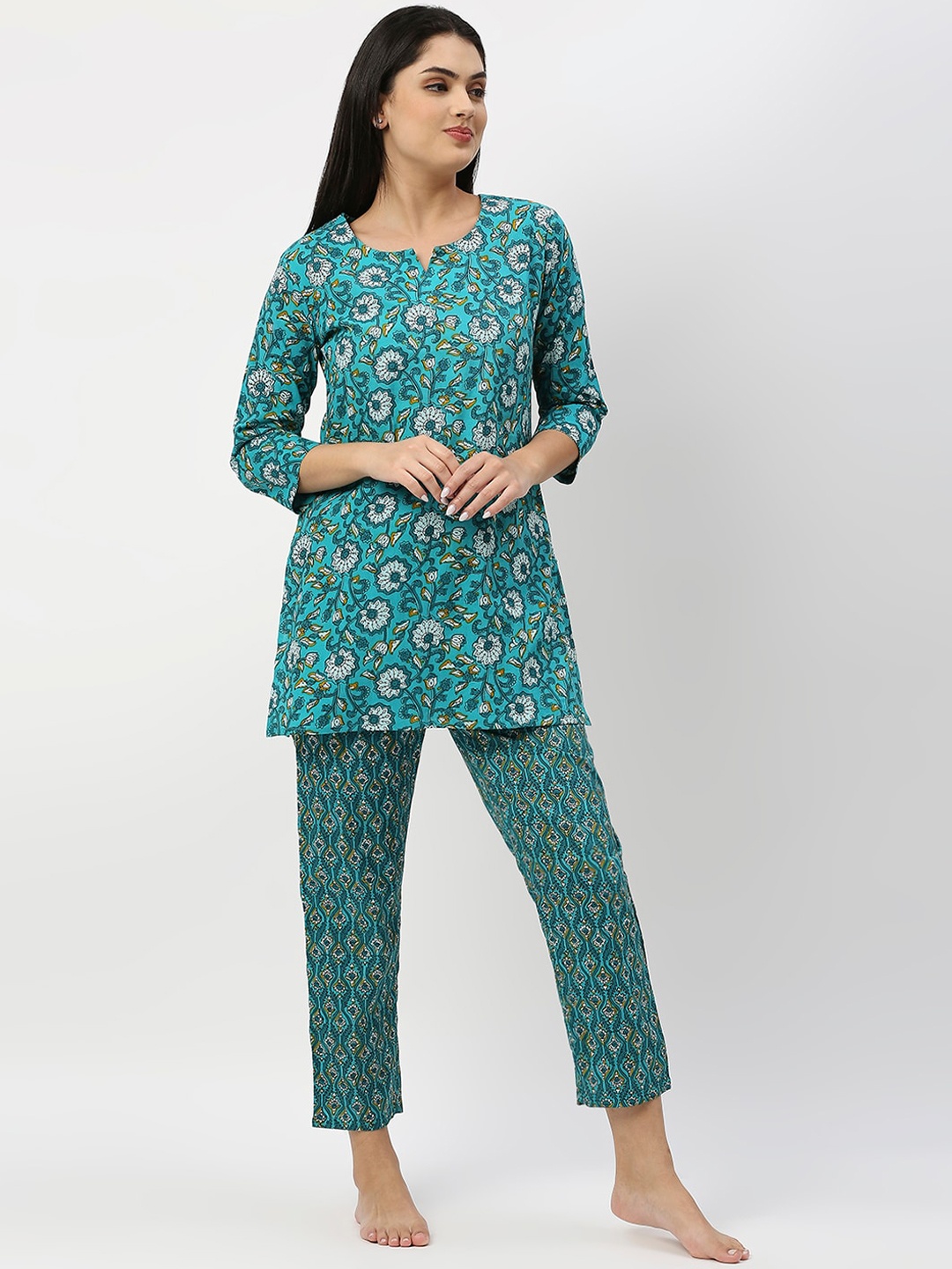 

ZRI Women 2 Pieces Floral Printed Pure Cotton Night Suit, Green