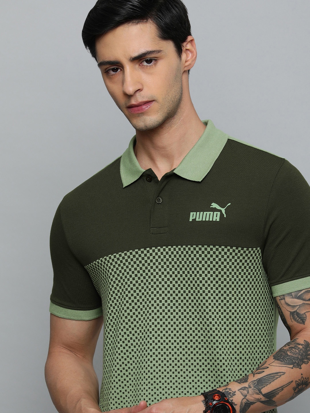 

Puma Brand Logo Colourblocked Polo Collar Slim Fit Outdoor T-shirt, Olive