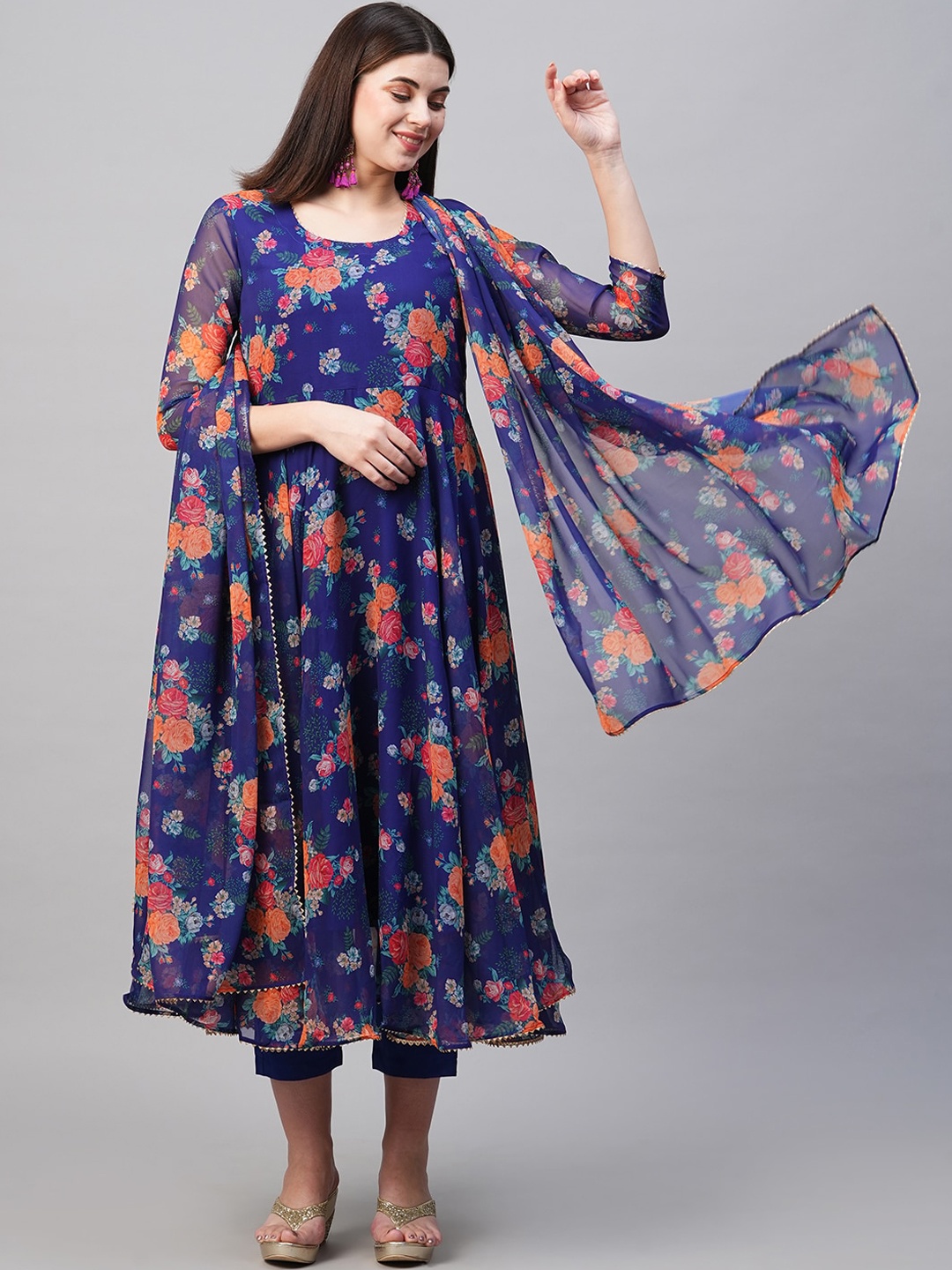 

KALINI Women Floral Printed Kurta with Trousers & Dupatta, Blue