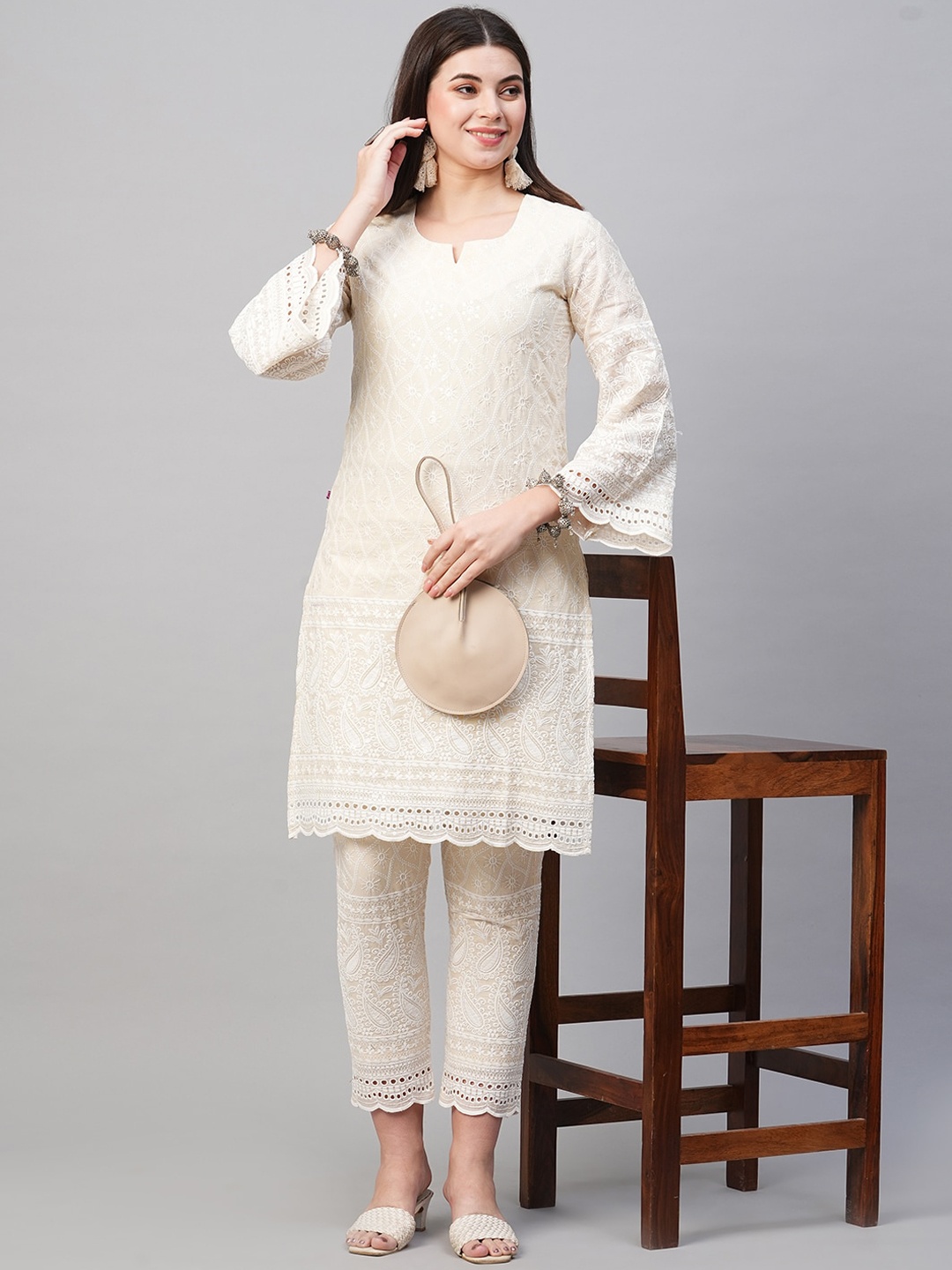 

KALINI Floral Embroidered Chikankari Kurta with Trousers, Cream