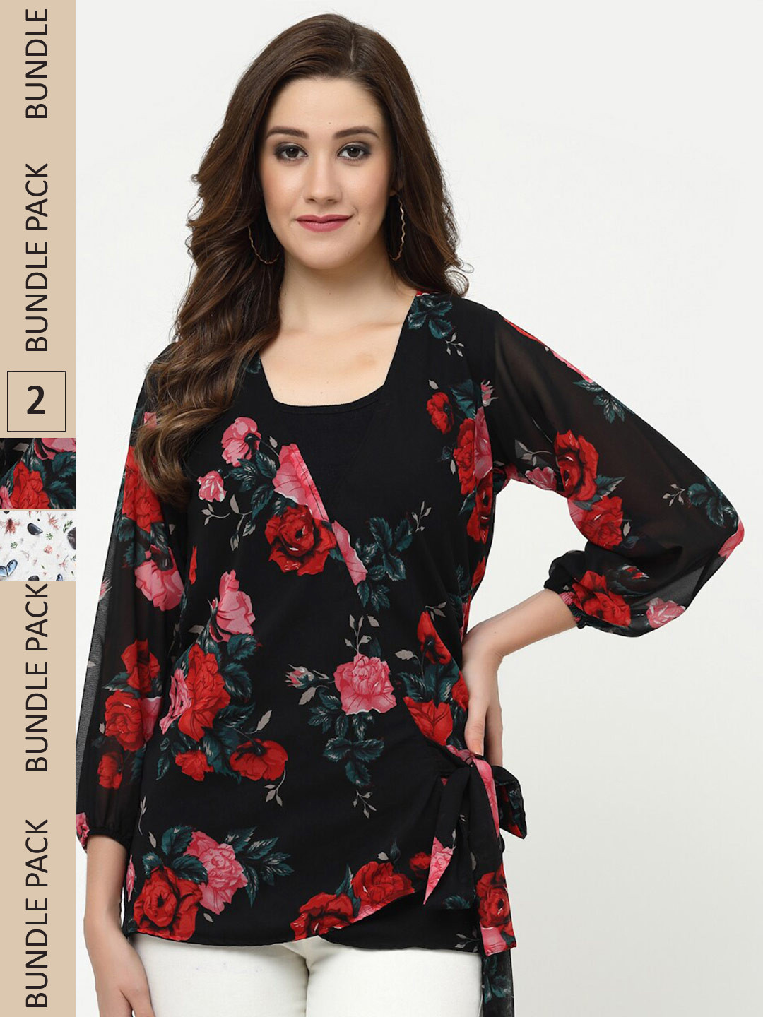 

MISS AYSE Pack Of 2 Floral Print Wrap Top, Black
