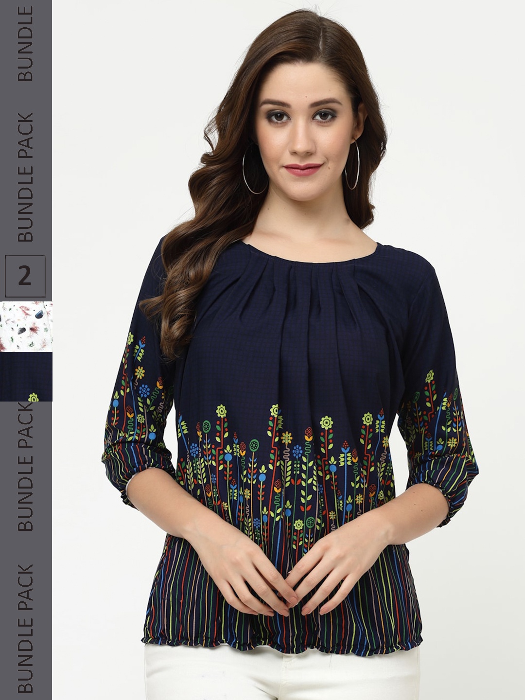 

MISS AYSE Pack Of 2 Floral Print Cotton Top, Navy blue