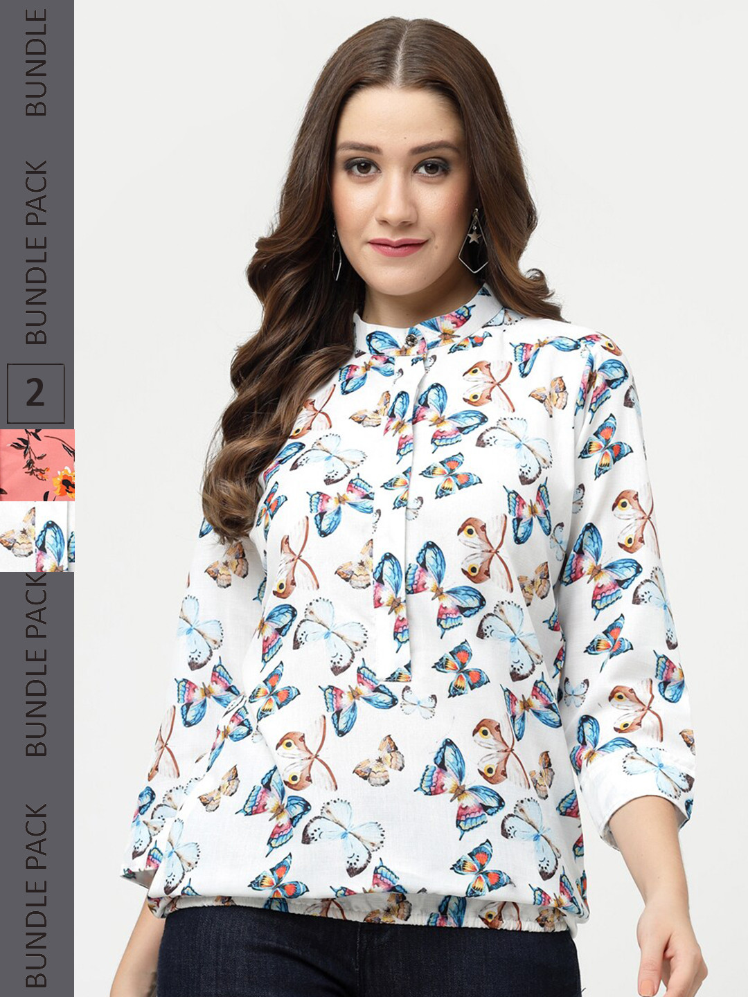 

MISS AYSE Pack Of 2 Floral Print Shirt Style Cotton Top, White