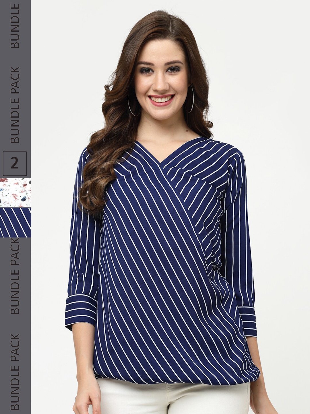

MISS AYSE Pack of 2 Striped Wrap Cotton Top, Navy blue