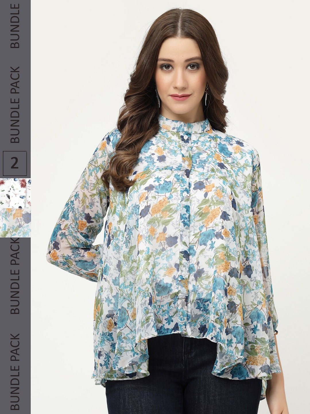

MISS AYSE Pack of 2 Floral Print Mandarin Collar Shirt Style Cotton Top, White